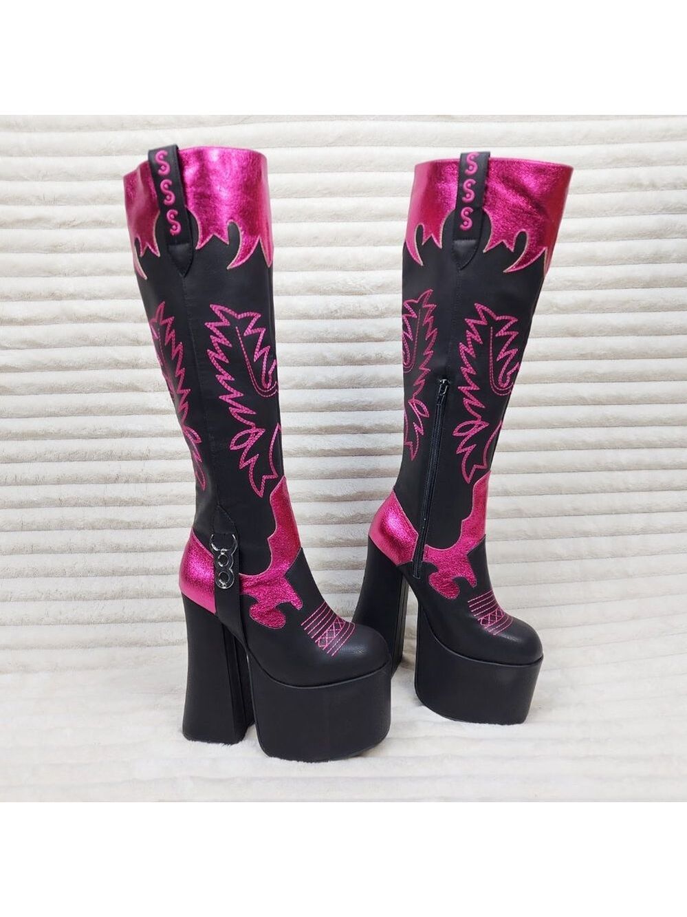 Free Your Mind Western Designed Platform Chunky Heel Knee Boots Festival Gothic - Picture 3 of 17